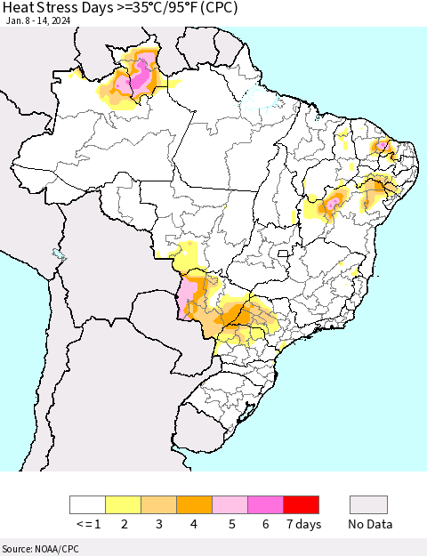 Brazil Heat Stress Days >=35°C/95°F (CPC) Thematic Map For 1/8/2024 - 1/14/2024