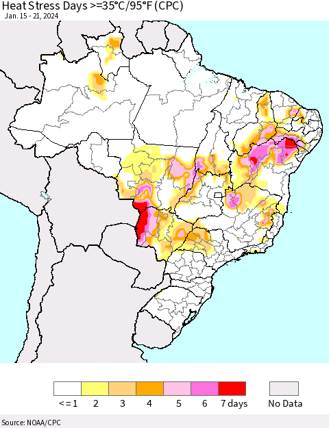 Brazil Heat Stress Days >=35°C/95°F (CPC) Thematic Map For 1/15/2024 - 1/21/2024