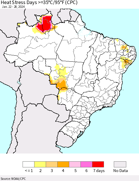 Brazil Heat Stress Days >=35°C/95°F (CPC) Thematic Map For 1/22/2024 - 1/28/2024