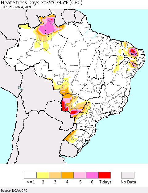 Brazil Heat Stress Days >=35°C/95°F (CPC) Thematic Map For 1/29/2024 - 2/4/2024