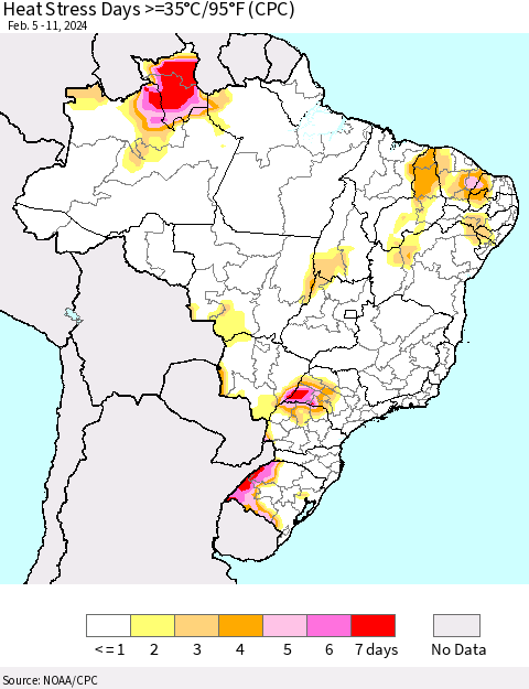 Brazil Heat Stress Days >=35°C/95°F (CPC) Thematic Map For 2/5/2024 - 2/11/2024