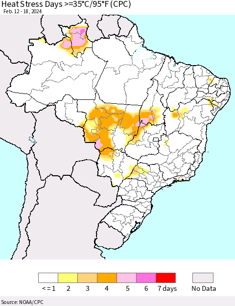 Brazil Heat Stress Days >=35°C/95°F (CPC) Thematic Map For 2/12/2024 - 2/18/2024