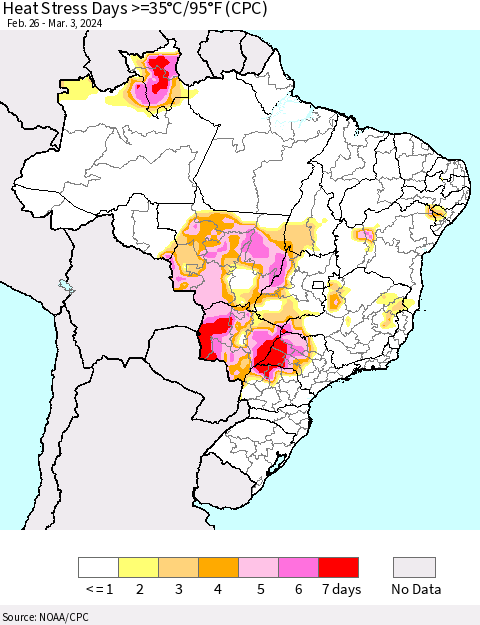Brazil Heat Stress Days >=35°C/95°F (CPC) Thematic Map For 2/26/2024 - 3/3/2024