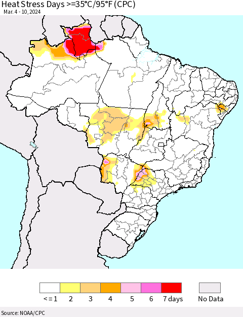 Brazil Heat Stress Days >=35°C/95°F (CPC) Thematic Map For 3/4/2024 - 3/10/2024