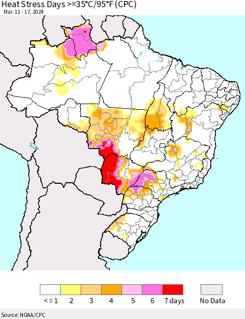 Brazil Heat Stress Days >=35°C/95°F (CPC) Thematic Map For 3/11/2024 - 3/17/2024