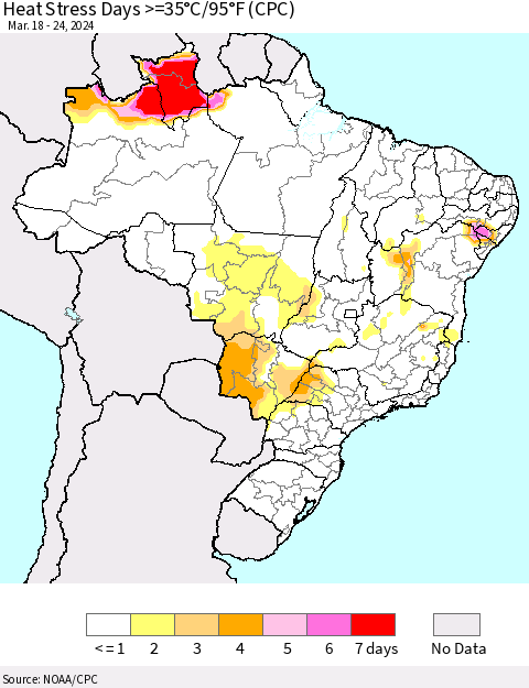 Brazil Heat Stress Days >=35°C/95°F (CPC) Thematic Map For 3/18/2024 - 3/24/2024