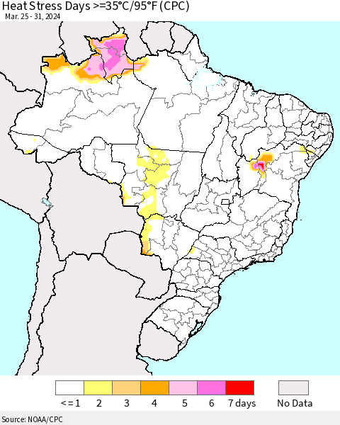 Brazil Heat Stress Days >=35°C/95°F (CPC) Thematic Map For 3/25/2024 - 3/31/2024