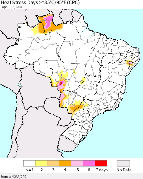 Brazil Heat Stress Days >=35°C/95°F (CPC) Thematic Map For 4/1/2024 - 4/7/2024