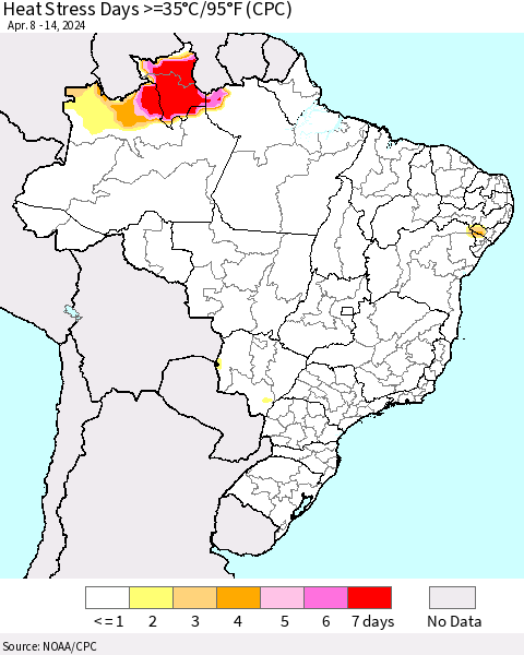Brazil Heat Stress Days >=35°C/95°F (CPC) Thematic Map For 4/8/2024 - 4/14/2024
