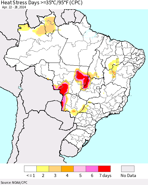 Brazil Heat Stress Days >=35°C/95°F (CPC) Thematic Map For 4/22/2024 - 4/28/2024