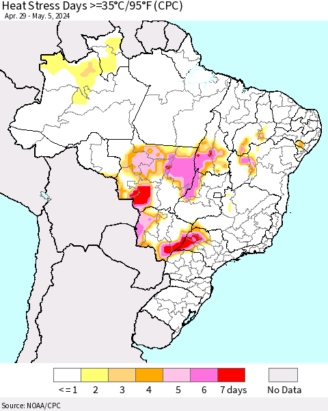 Brazil Heat Stress Days >=35°C/95°F (CPC) Thematic Map For 4/29/2024 - 5/5/2024