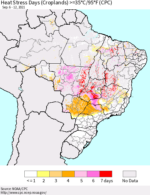 Brazil Heat Stress Days (Croplands) >=35°C/95°F (CPC) Thematic Map For 9/6/2021 - 9/12/2021