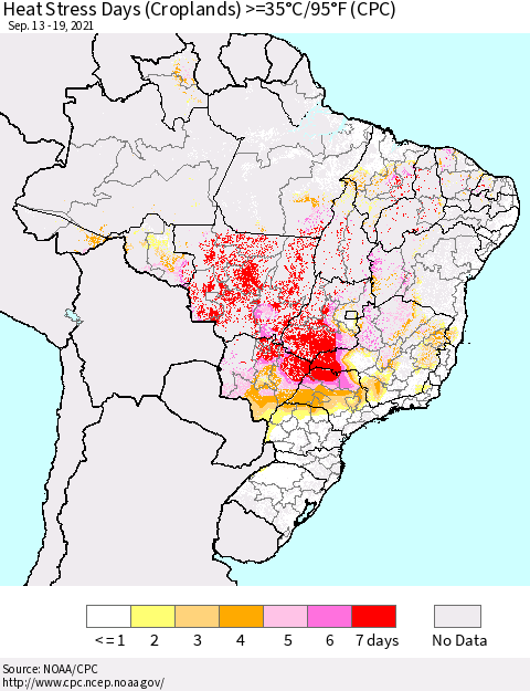 Brazil Heat Stress Days (Croplands) >=35°C/95°F (CPC) Thematic Map For 9/13/2021 - 9/19/2021
