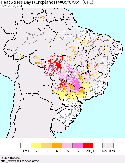 Brazil Heat Stress Days (Croplands) >=35°C/95°F (CPC) Thematic Map For 9/20/2021 - 9/26/2021