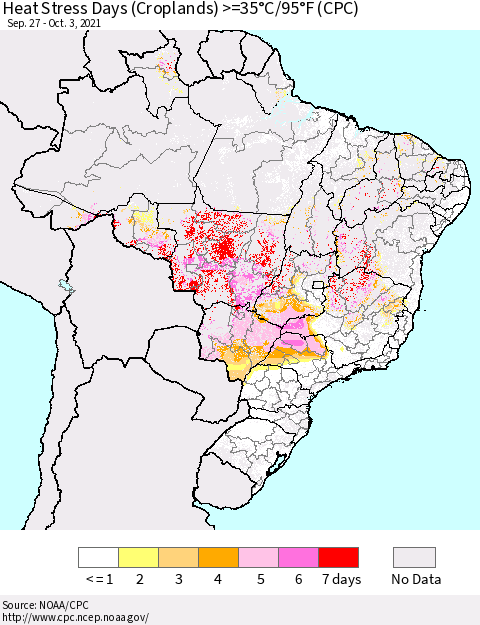 Brazil Heat Stress Days (Croplands) >=35°C/95°F (CPC) Thematic Map For 9/27/2021 - 10/3/2021