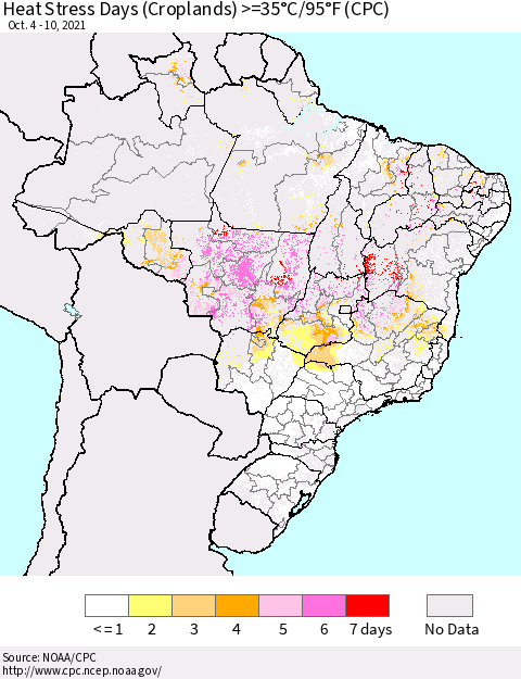 Brazil Heat Stress Days (Croplands) >=35°C/95°F (CPC) Thematic Map For 10/4/2021 - 10/10/2021