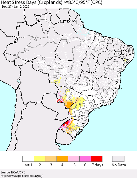 Brazil Heat Stress Days (Croplands) >=35°C/95°F (CPC) Thematic Map For 12/27/2021 - 1/2/2022