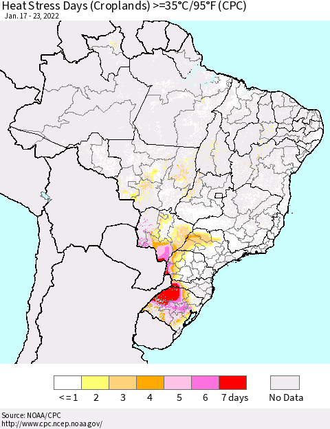 Brazil Heat Stress Days (Croplands) >=35°C/95°F (CPC) Thematic Map For 1/17/2022 - 1/23/2022