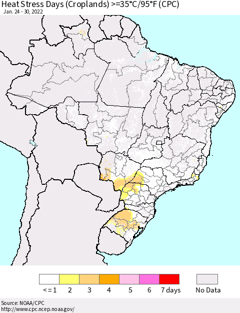 Brazil Heat Stress Days (Croplands) >=35°C/95°F (CPC) Thematic Map For 1/24/2022 - 1/30/2022