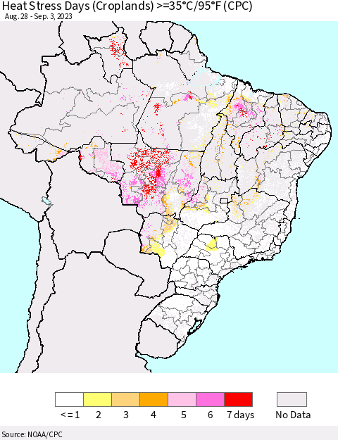 Brazil Heat Stress Days (Croplands) >=35°C/95°F (CPC) Thematic Map For 8/28/2023 - 9/3/2023
