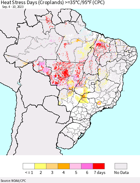 Brazil Heat Stress Days (Croplands) >=35°C/95°F (CPC) Thematic Map For 9/4/2023 - 9/10/2023