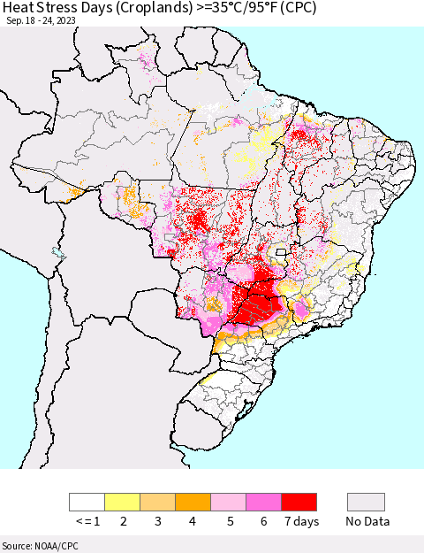 Brazil Heat Stress Days (Croplands) >=35°C/95°F (CPC) Thematic Map For 9/18/2023 - 9/24/2023