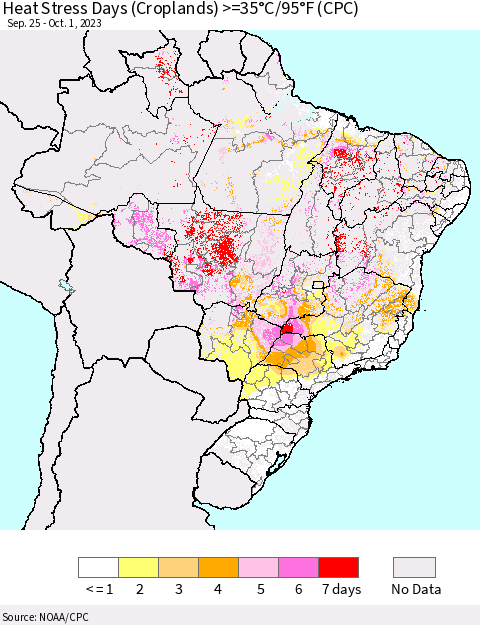 Brazil Heat Stress Days (Croplands) >=35°C/95°F (CPC) Thematic Map For 9/25/2023 - 10/1/2023