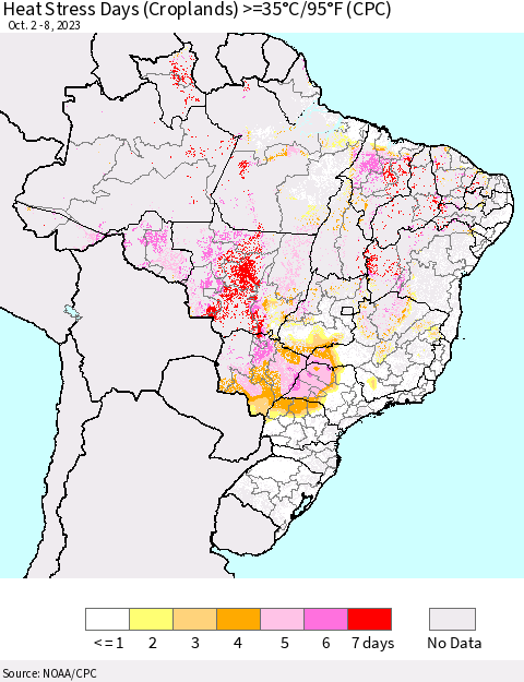 Brazil Heat Stress Days (Croplands) >=35°C/95°F (CPC) Thematic Map For 10/2/2023 - 10/8/2023