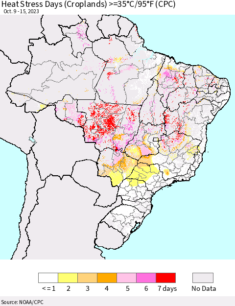 Brazil Heat Stress Days (Croplands) >=35°C/95°F (CPC) Thematic Map For 10/9/2023 - 10/15/2023