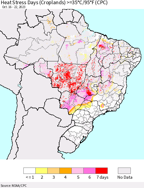 Brazil Heat Stress Days (Croplands) >=35°C/95°F (CPC) Thematic Map For 10/16/2023 - 10/22/2023