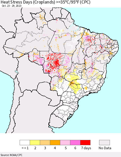 Brazil Heat Stress Days (Croplands) >=35°C/95°F (CPC) Thematic Map For 10/23/2023 - 10/29/2023
