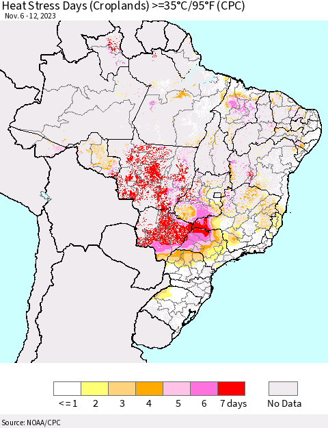Brazil Heat Stress Days (Croplands) >=35°C/95°F (CPC) Thematic Map For 11/6/2023 - 11/12/2023