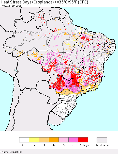 Brazil Heat Stress Days (Croplands) >=35°C/95°F (CPC) Thematic Map For 11/13/2023 - 11/19/2023