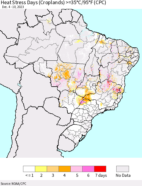 Brazil Heat Stress Days (Croplands) >=35°C/95°F (CPC) Thematic Map For 12/4/2023 - 12/10/2023