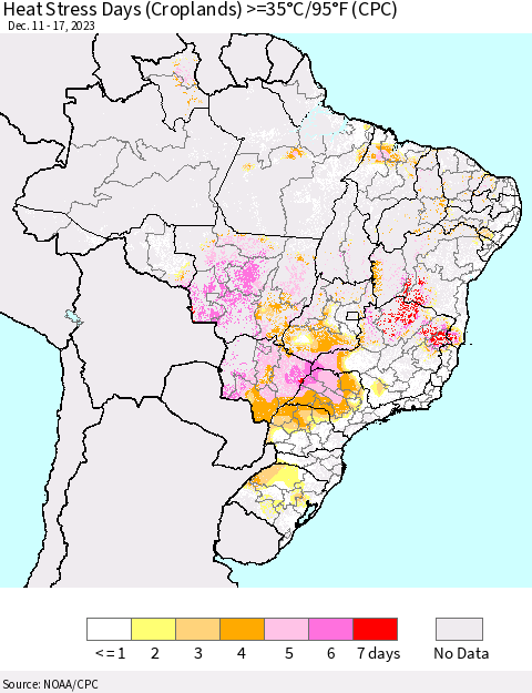 Brazil Heat Stress Days (Croplands) >=35°C/95°F (CPC) Thematic Map For 12/11/2023 - 12/17/2023