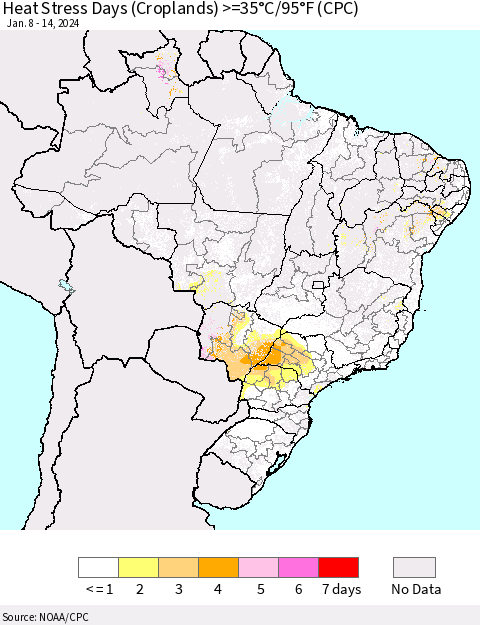 Brazil Heat Stress Days (Croplands) >=35°C/95°F (CPC) Thematic Map For 1/8/2024 - 1/14/2024