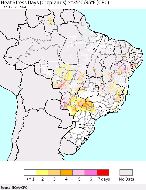 Brazil Heat Stress Days (Croplands) >=35°C/95°F (CPC) Thematic Map For 1/15/2024 - 1/21/2024