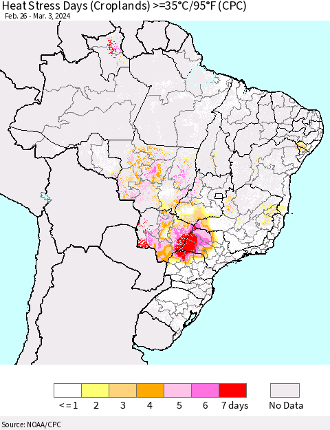 Brazil Heat Stress Days (Croplands) >=35°C/95°F (CPC) Thematic Map For 2/26/2024 - 3/3/2024