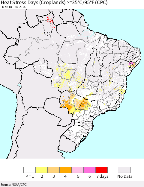 Brazil Heat Stress Days (Croplands) >=35°C/95°F (CPC) Thematic Map For 3/18/2024 - 3/24/2024