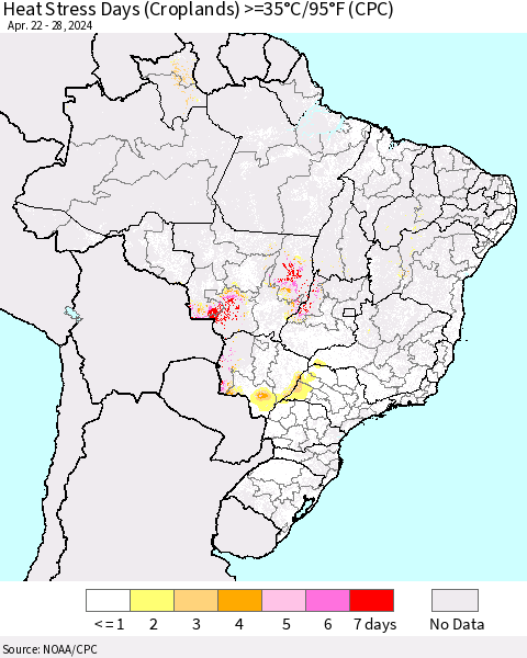 Brazil Heat Stress Days (Croplands) >=35°C/95°F (CPC) Thematic Map For 4/22/2024 - 4/28/2024