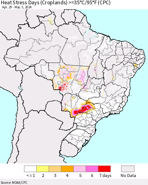 Brazil Heat Stress Days (Croplands) >=35°C/95°F (CPC) Thematic Map For 4/29/2024 - 5/5/2024