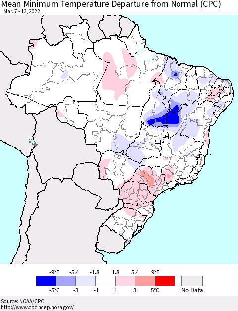 Brazil Mean Minimum Temperature Departure from Normal (CPC) Thematic Map For 3/7/2022 - 3/13/2022