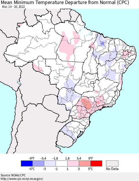 Brazil Mean Minimum Temperature Departure from Normal (CPC) Thematic Map For 3/14/2022 - 3/20/2022
