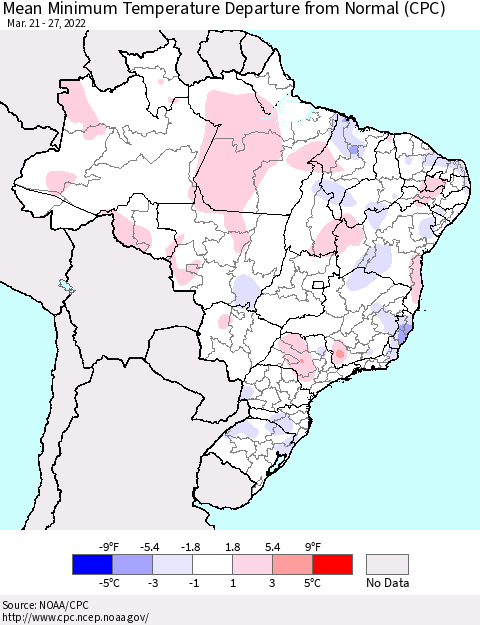 Brazil Mean Minimum Temperature Departure from Normal (CPC) Thematic Map For 3/21/2022 - 3/27/2022