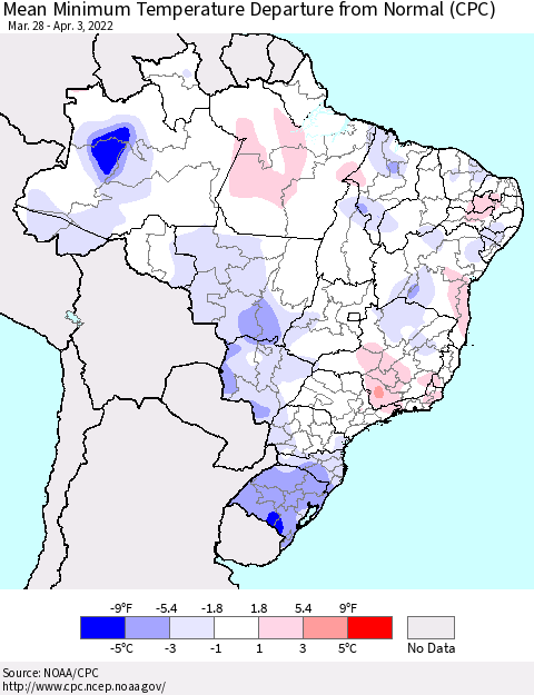 Brazil Mean Minimum Temperature Departure from Normal (CPC) Thematic Map For 3/28/2022 - 4/3/2022