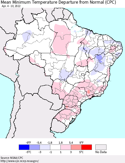 Brazil Mean Minimum Temperature Departure from Normal (CPC) Thematic Map For 4/4/2022 - 4/10/2022