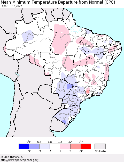 Brazil Mean Minimum Temperature Departure from Normal (CPC) Thematic Map For 4/11/2022 - 4/17/2022