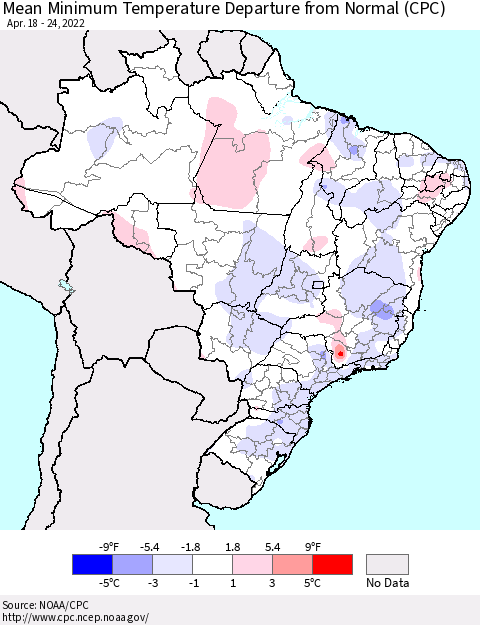 Brazil Mean Minimum Temperature Departure from Normal (CPC) Thematic Map For 4/18/2022 - 4/24/2022