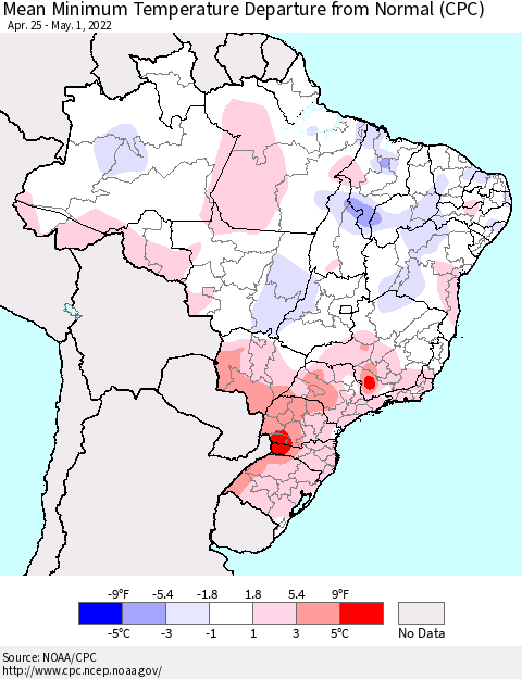 Brazil Mean Minimum Temperature Departure from Normal (CPC) Thematic Map For 4/25/2022 - 5/1/2022