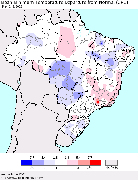 Brazil Mean Minimum Temperature Departure from Normal (CPC) Thematic Map For 5/2/2022 - 5/8/2022